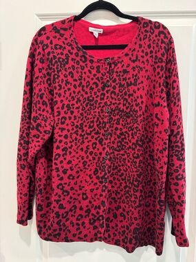 Coldwater Creek Red and Black Leopard Print Cardigan Sweater
